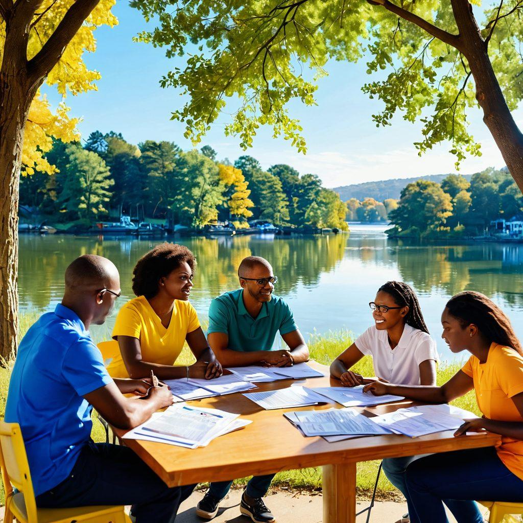 A diverse group of community members gathered around a table, engaged in a lively discussion about tax administration and support services, with a scenic riverside view in the background. Shelves filled with pamphlets and resources, symbolizing empowerment through knowledge. Bright sunlight filtering through trees, creating an inviting atmosphere. Illustration style: vibrant colors, community-focused, harmonious and uplifting.