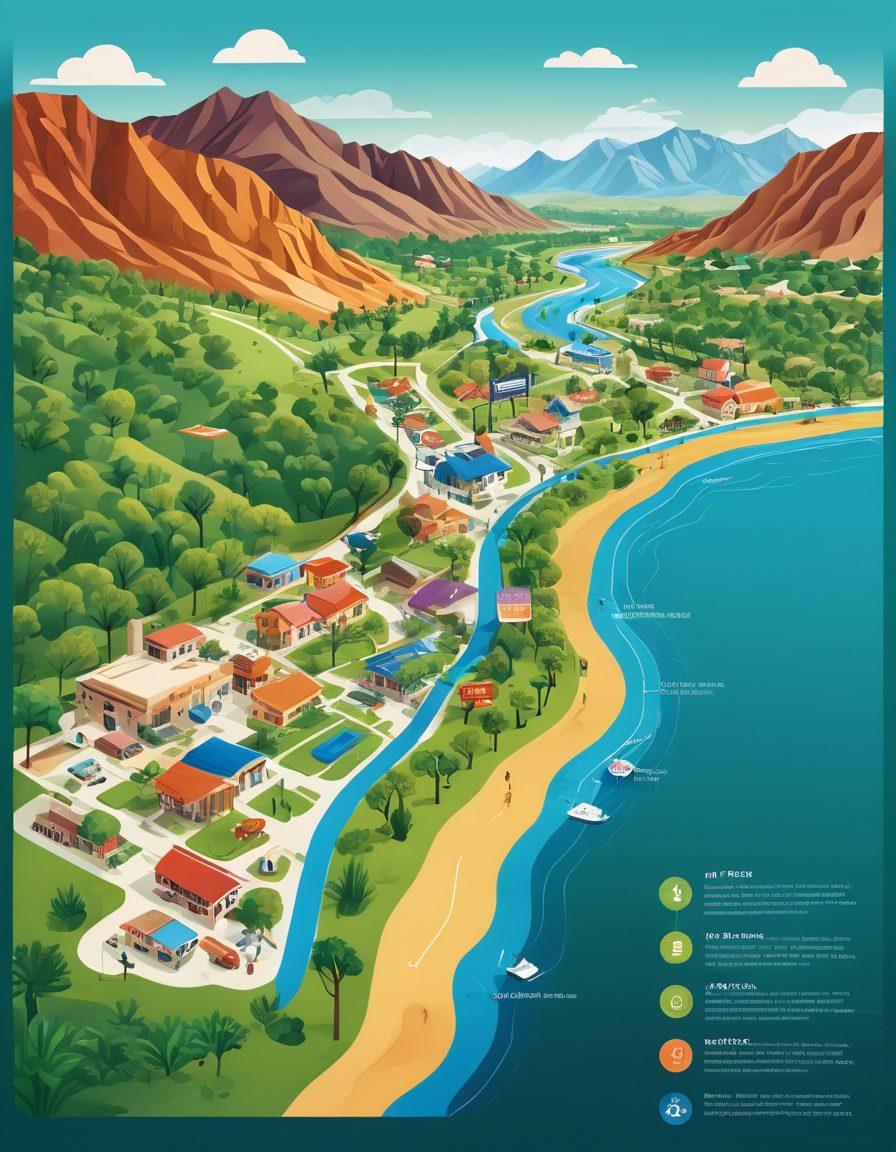 A detailed map of Riverside County showcasing various tax payment solution icons like a digital wallet, cash payment, and online filing services. Include a pathway leading through lush greenery symbolizing efficiency and ease of navigation, with a backdrop of the county's picturesque landscapes. Emphasize accessibility with playful, colorful graphics that direct viewers to different options. The style should be a blend of vector art and infographic aesthetics. vibrant colors. clear background.